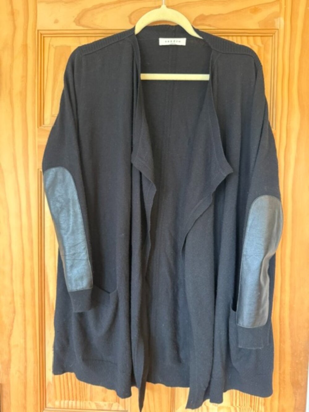Sandro Paris Wool Cashmere Long Cardigan Leather Elbow Patches Black M